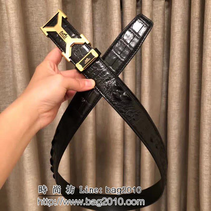 愛馬仕HERMES 純手工美洲鱷魚無拼接骨皮 專櫃奢華高端男士皮帶 HHG1663